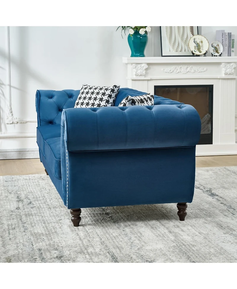 Streamdale Furniture Streamdale Blue Chesterfield Velvet Sofa with Roll Armrest & Nailhead