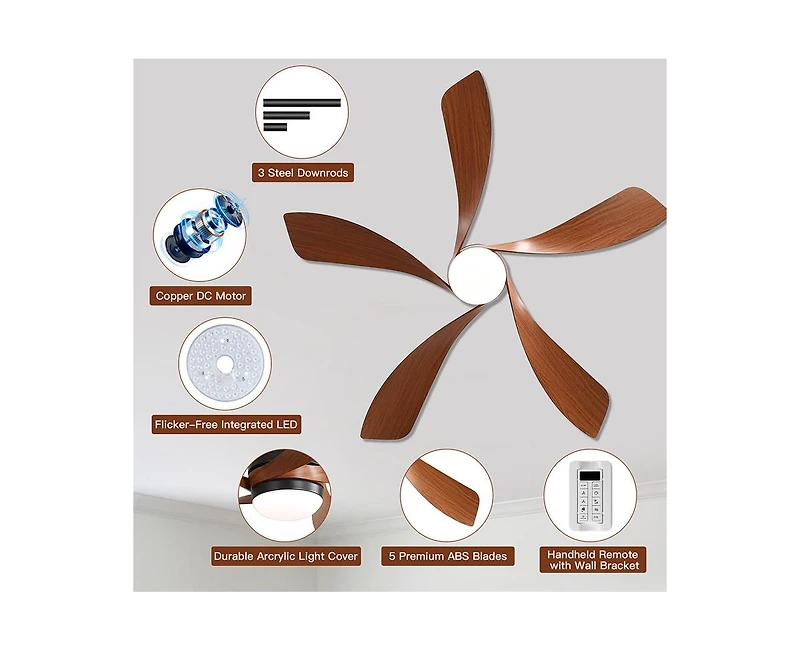 Sofucor 52-inch Modern Smart Standard Black 5-Blade Ceiling Fan with Remote Control and Led Light