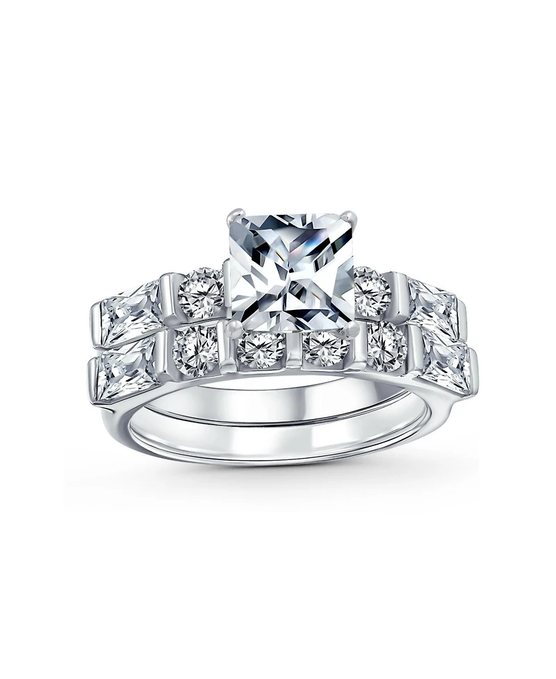 Bling Jewelry 2CT Square Cut Cz Cubic Zirconia Solitaire Promise Band Ring Set with Baguette Accents Sterling Silver