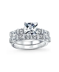 Bling Jewelry 2CT Square Cut Cz Cubic Zirconia Solitaire Promise Band Ring Set with Baguette Accents Sterling Silver