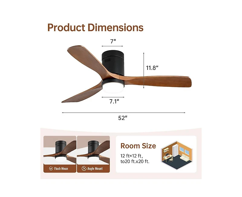 52-inch Modern Black 3-Blade Light Ceiling Fan with Remote Control and Supporting Mobile Device Connection
