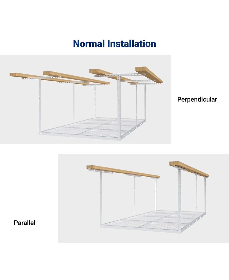 Fleximounts OHK38-e 36″ W × 96″ D Adjustable-Height Overhead Garage Storage Rack with 8 Hooks (White)