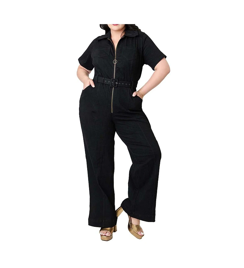 Unique Vintage Plus Denim Belted Jumpsuit