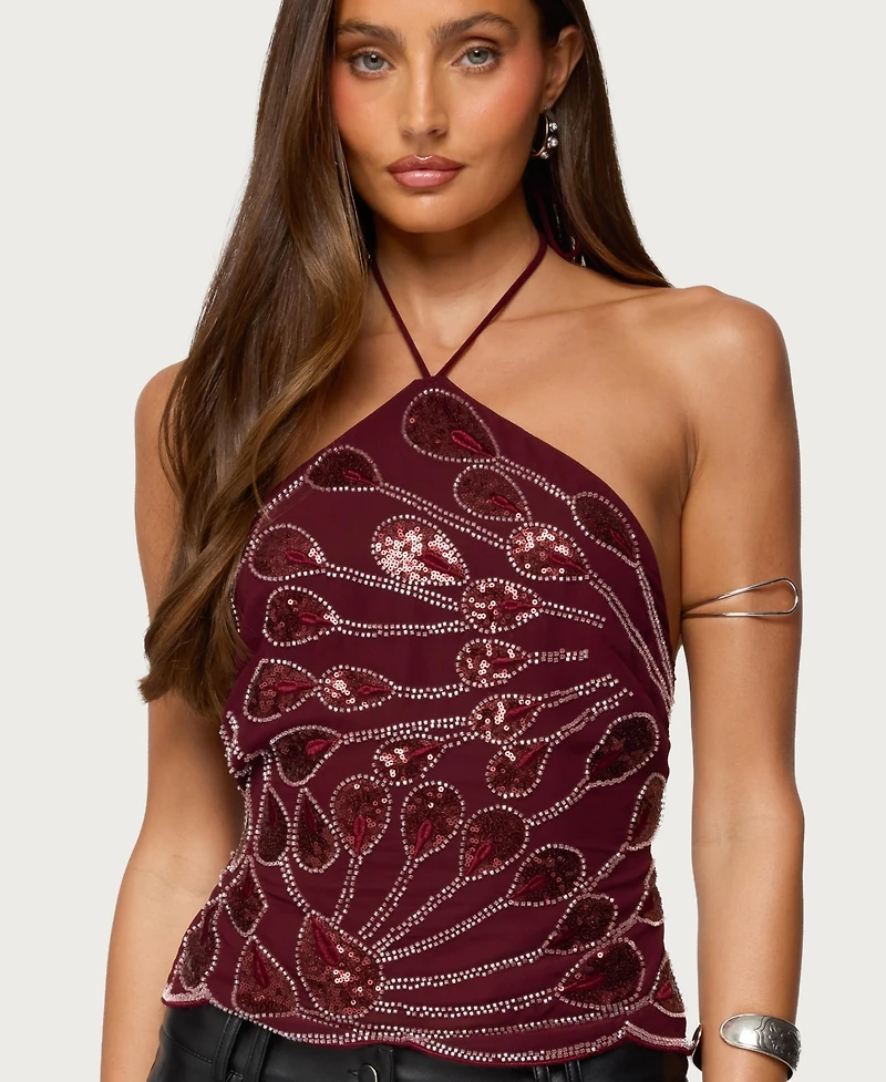 Edikted Women's Embroidered Bead & Sequin Halter Top