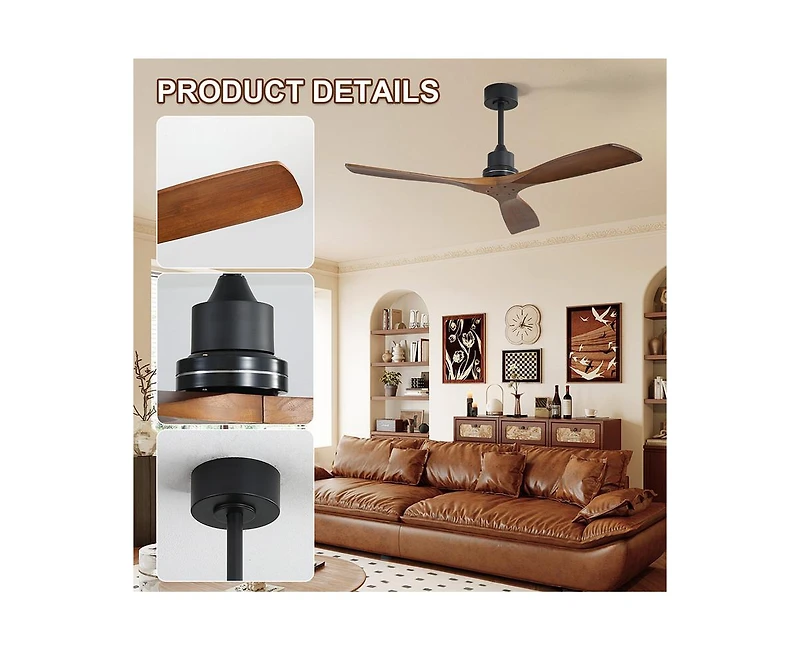 Sofucor 52-inch Modern Black 3-Blade Light Ceiling Fan with Remote Control and Supporting Mobile Device Connection