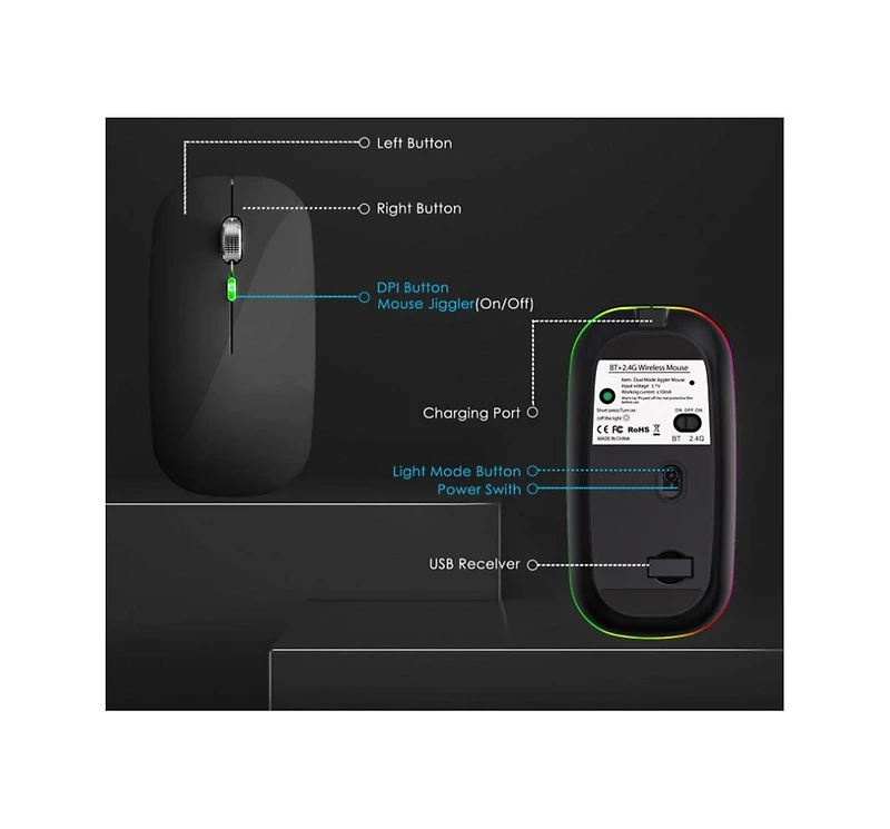 risokeys Dual-Mode Virtual Mouse Anti-Sleep Device - Ergonomic Design, Automatic Cursor Movement to Prevent Screen Lock - Black