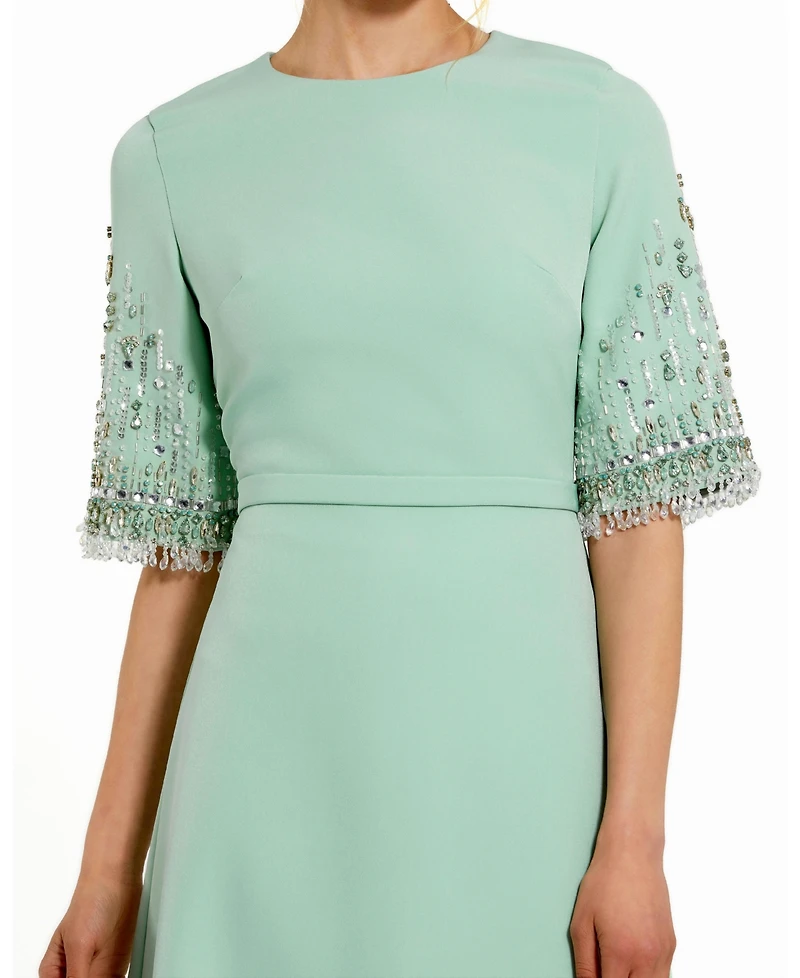 Mac Duggal Women's Beaded 3/4 Sleeves Crepe A Line Gown