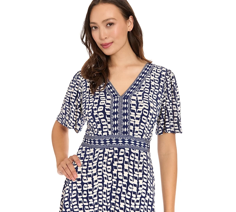 London Times Women's Framed V-Neck Flutter-Sleeve Flare Dress