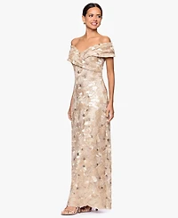 Betsy & Adam Petite Off-The-Shoulder A-Line Long Gown