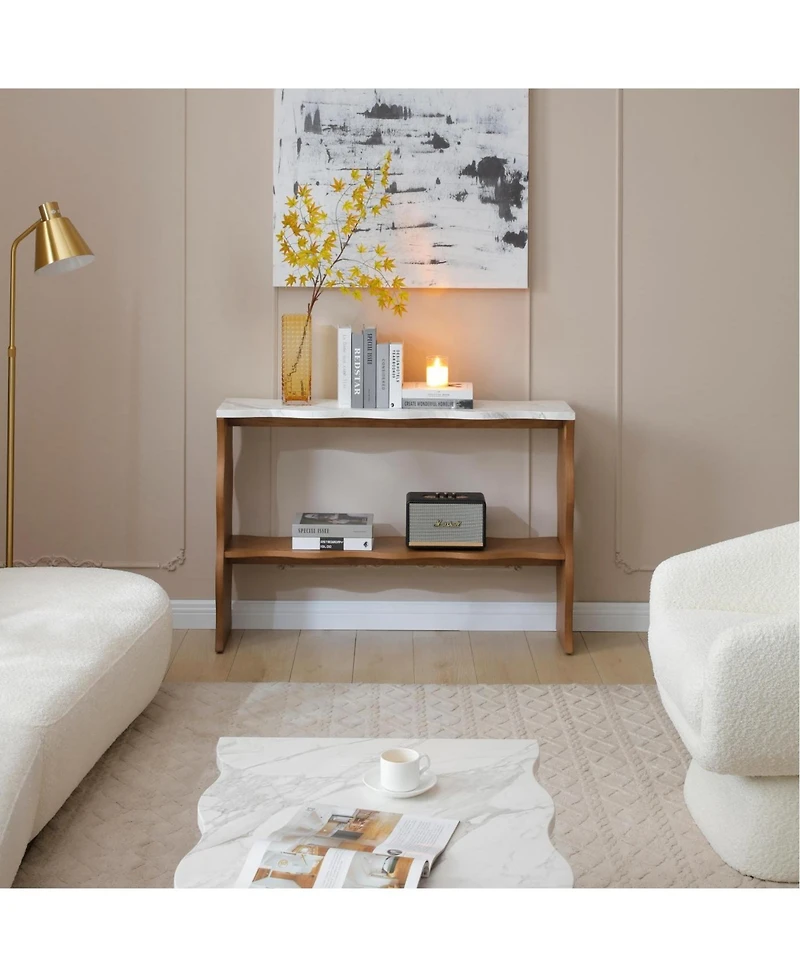 Streamdale Furniture Whisper of Waves Modern Console Table w/ White Marble-Pattern Top, Walnut Brown