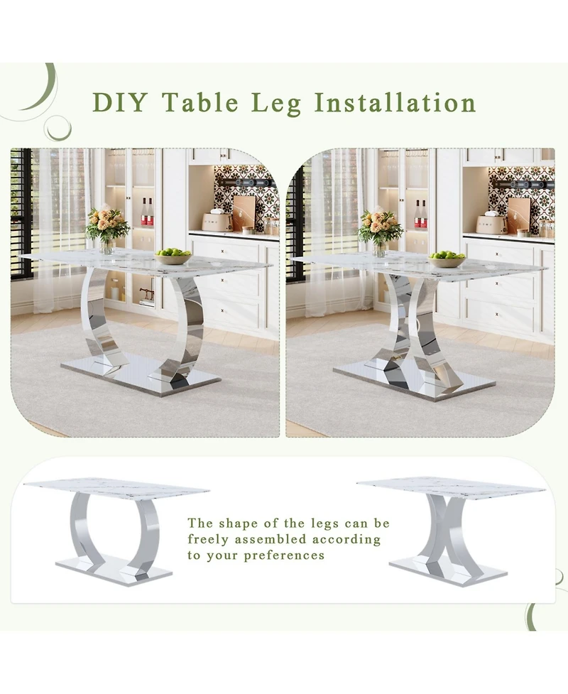 Streamdale Furniture Streamdale Transformable Stainless Steel Dining Table - White Glass Top, 63"x35