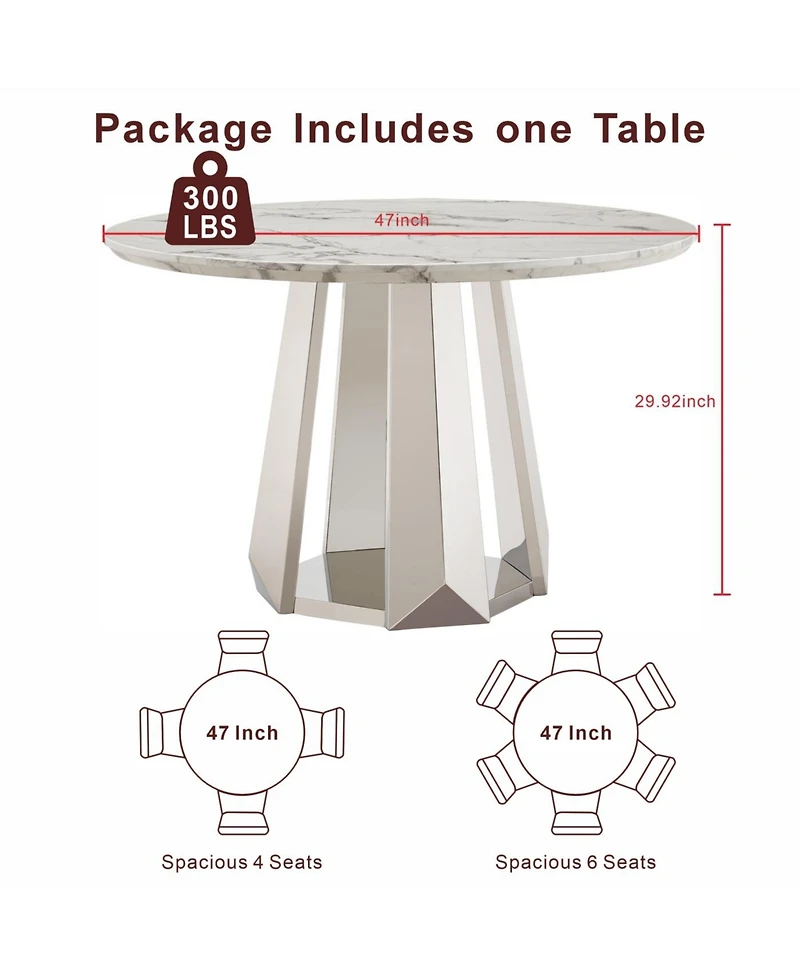 Streamdale Furniture 47" Round Marble Dining Table with Stainless Steel Base (Silver, White