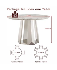 Streamdale Furniture 47" Round Marble Dining Table with Stainless Steel Base (Silver, White