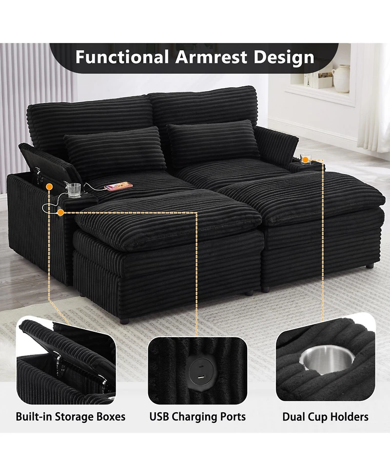 Streamdale Furniture Loveseat Sofa 70.9" Sectional Convertible Bed w/Storage, Ottomans, Usb & Cup Holders
