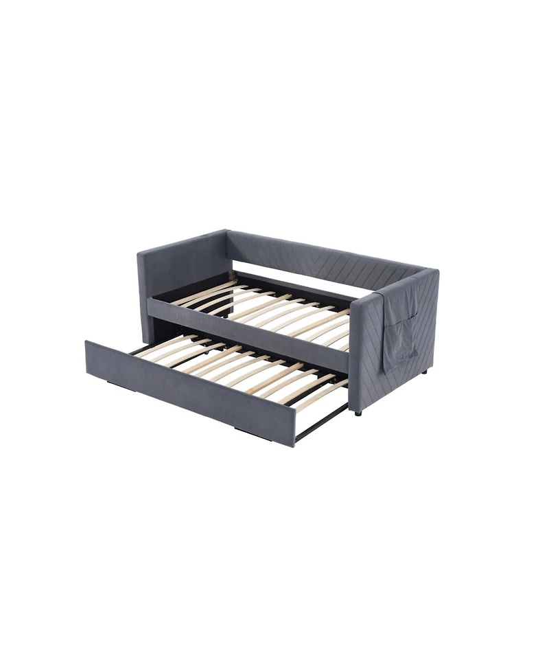 Streamdale Furniture Streamdale Twin Upholstered Daybed with Trundle, Usb, Side Pockets - Grey