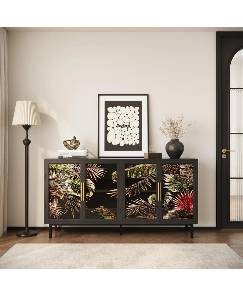 Streamdale Furniture Streamdale 60.3" 4-Door Buffet Cabinet, Glazed Art Storage, Retro Console Table
