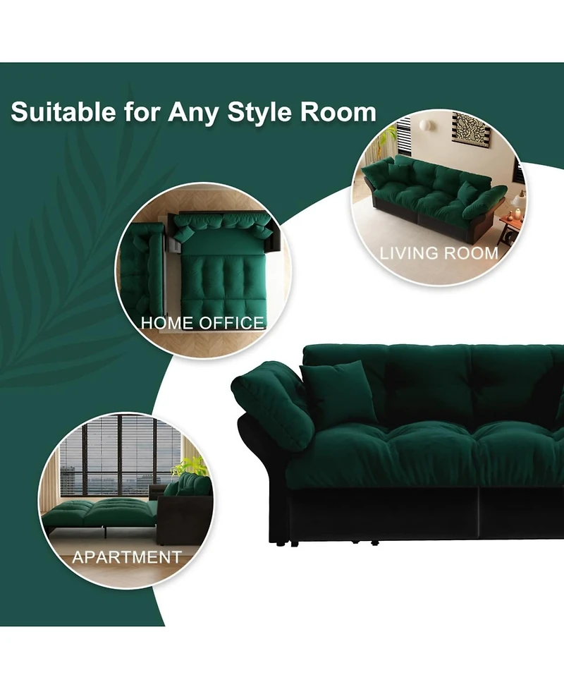 Streamdale Furniture 74.8" Queen Pull Out Sofa Bed, 3-in-1 Convertible Sleeper Tufted Sofa with 2 Pillows, Green