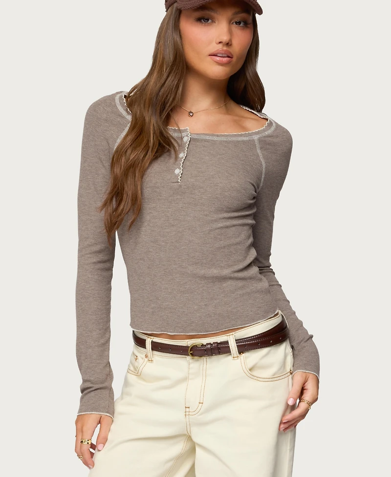 Edikted Women's Ensley Contrast Stitch Henley Top