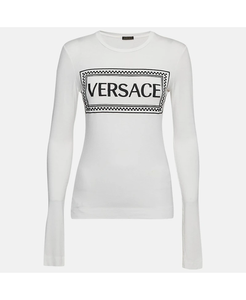Pre-Owned Versace Women's White Logo Print Jersey Long Sleeve T-Shirt