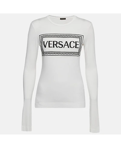 Pre-Owned Versace Women's White Logo Print Jersey Long Sleeve T-Shirt