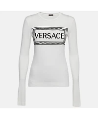 Pre-Owned Versace Women's White Logo Print Jersey Long Sleeve T-Shirt