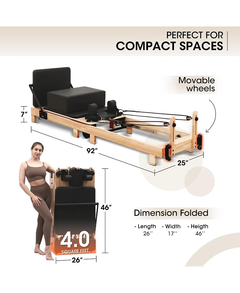 Mikolo Wooden Foldable Pilates Reformer Machine with Springs, Pilates Machines for Home Use and Studio, Pilates Equipment with Sitting Box