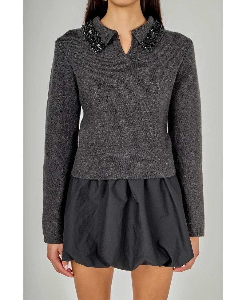 endless rose Women's Knit Jewel Trim Collared Sweater