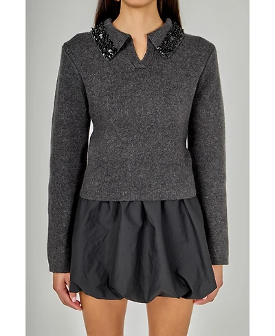 endless rose Women's Knit Jewel Trim Collared Sweater