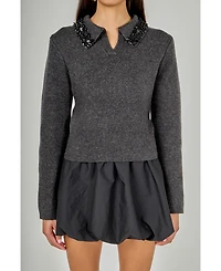 endless rose Women's Knit Jewel Trim Collared Sweater