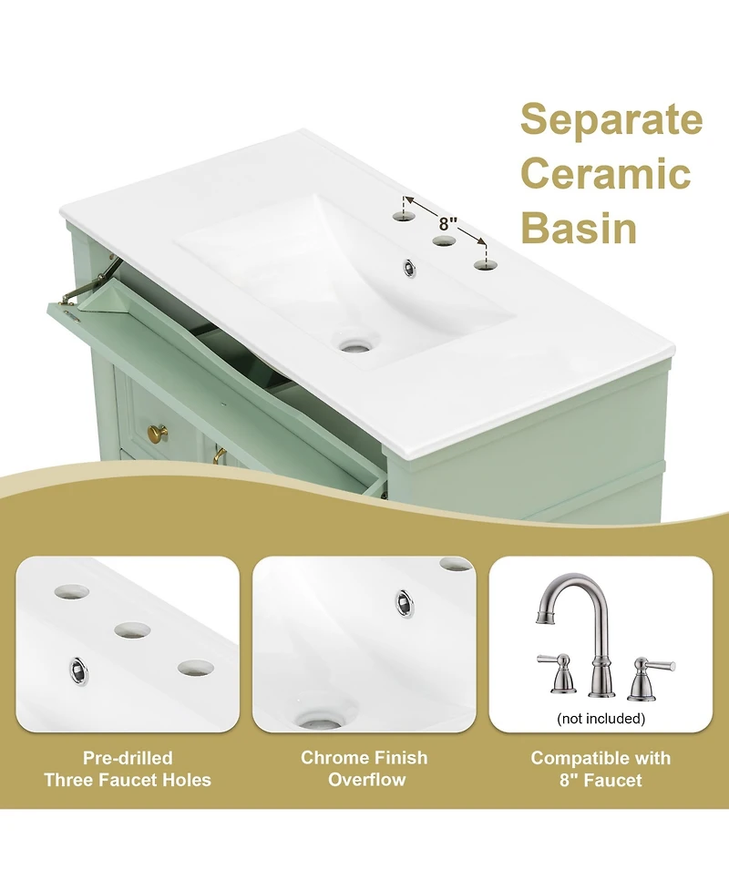 Casainc Bathroom Vanity with Ceramic Sink Flip Drawer Adjustable Shelf