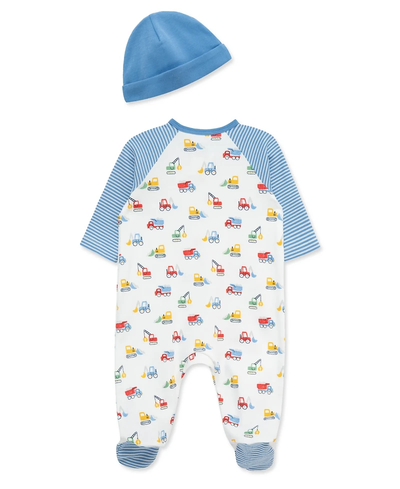 Little Me Baby Boys' Trucks Footed Coverall and Hat, 2-Piece Set