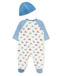 Little Me Baby Boys' Trucks Footed Coverall and Hat, 2-Piece Set