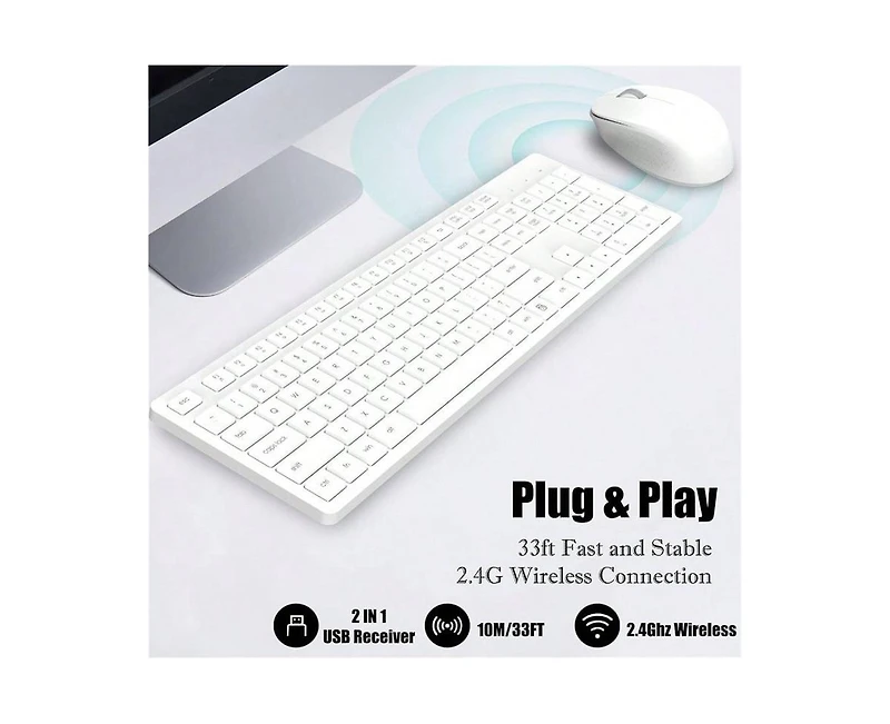 risokeys Wireless Keyboard & Mouse Combo – Full-Size, Silent, 2.4GHz, 2-in-1 Receiver, Compatible with Laptops – White