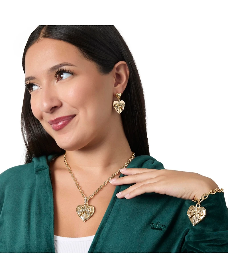 Juicy Couture Quilted Double Heart Drop Earrings, Gold Tone with Crystal Accents