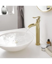 Waterfall Single Handle Bathroom Vessel Sink Faucet Farmhouse Vanity Bowl Tall Lavatory With Metal Drain In Brushed Gold