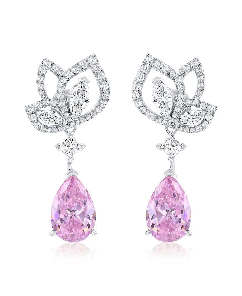 Suzy Levian Gala Collection Sterling Silver Pear Shape Cubic Zirconia Drop Floral Earrings