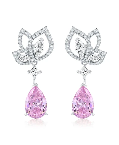 Suzy Levian Gala Collection Sterling Silver Pear Shape Cubic Zirconia Drop Floral Earrings