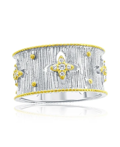 Suzy Levian New York Sterling Silver Cubic Zirconia Brushed Italian Florentine Extra Wide Band Eternity Ring