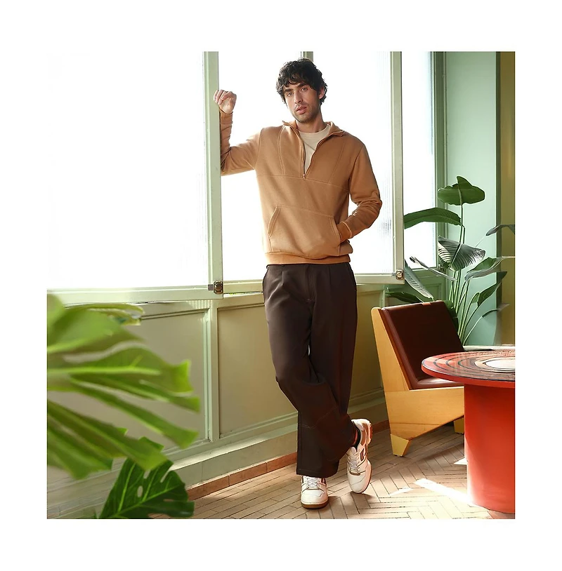 Campus Sutra Men's Rust Orange Panel-Stitch Knit Sweatshirt