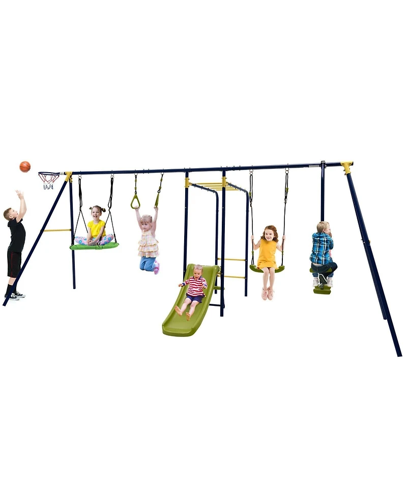 Hongge Kids Outdoor 7 in 1 Metal Swing Set with Slide Monkey Bar and Basketball Hoop
