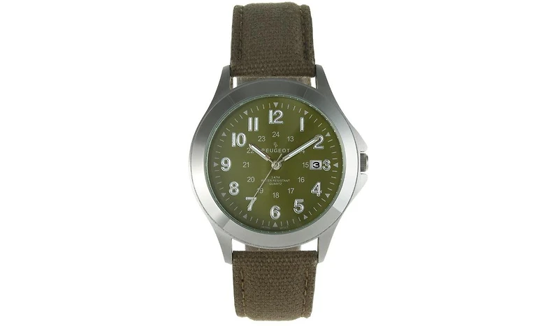 Peugeot Men 40mm Military Dial Calendar Canvas Strap Watch