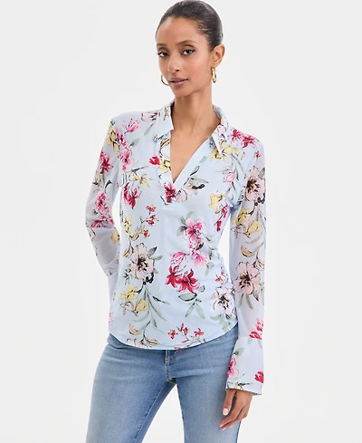 I.n.c. International Concepts Women's Long-Sleeve Printed Mesh Collared Top, Macy's Exclusive