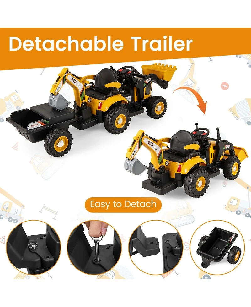 Gymax 4 in 1 Ride on Tractor Excavator and Bulldozer for Kids Trailer Shovel Bucket