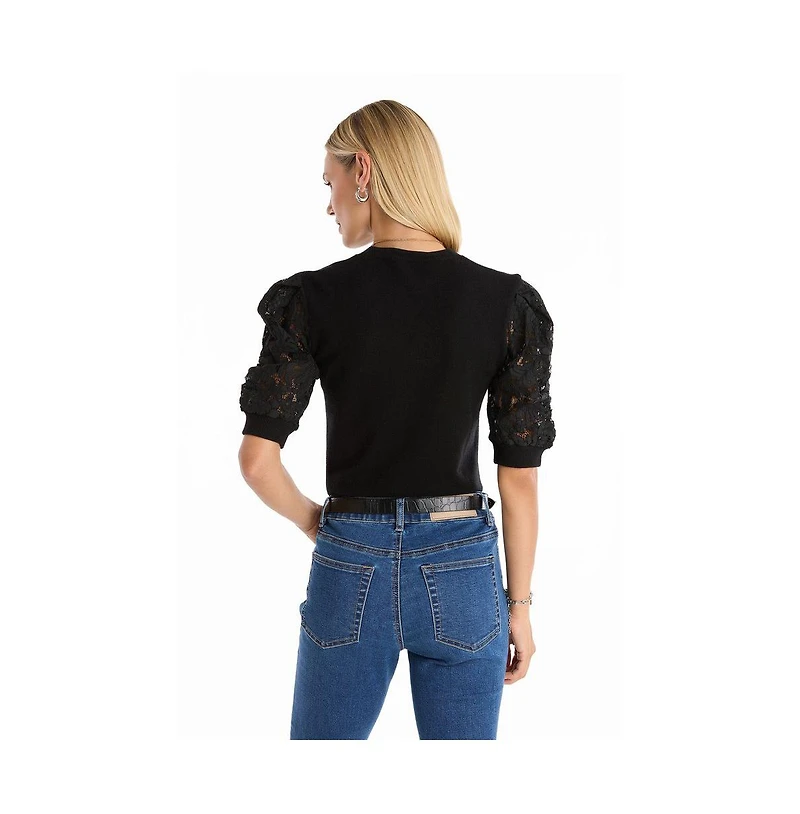 The Noli Shop Women's Sylvie Lace Sleeve Top - Black