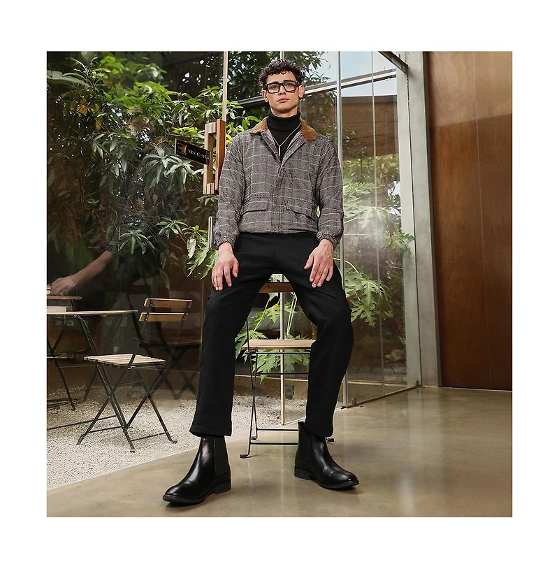 Campus Sutra Men's Midnight Black & Cream White Chevron-Jacquard Sherpa-Lined Jacket