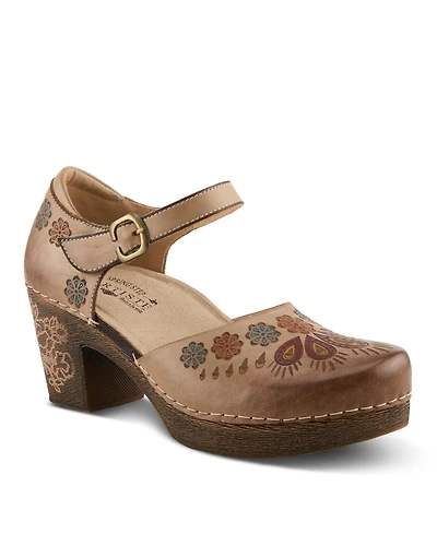 L'Artiste Women's Bridgitte Hand-Painted Mary Jane – Leather Floral Strap Heel With Arch Support