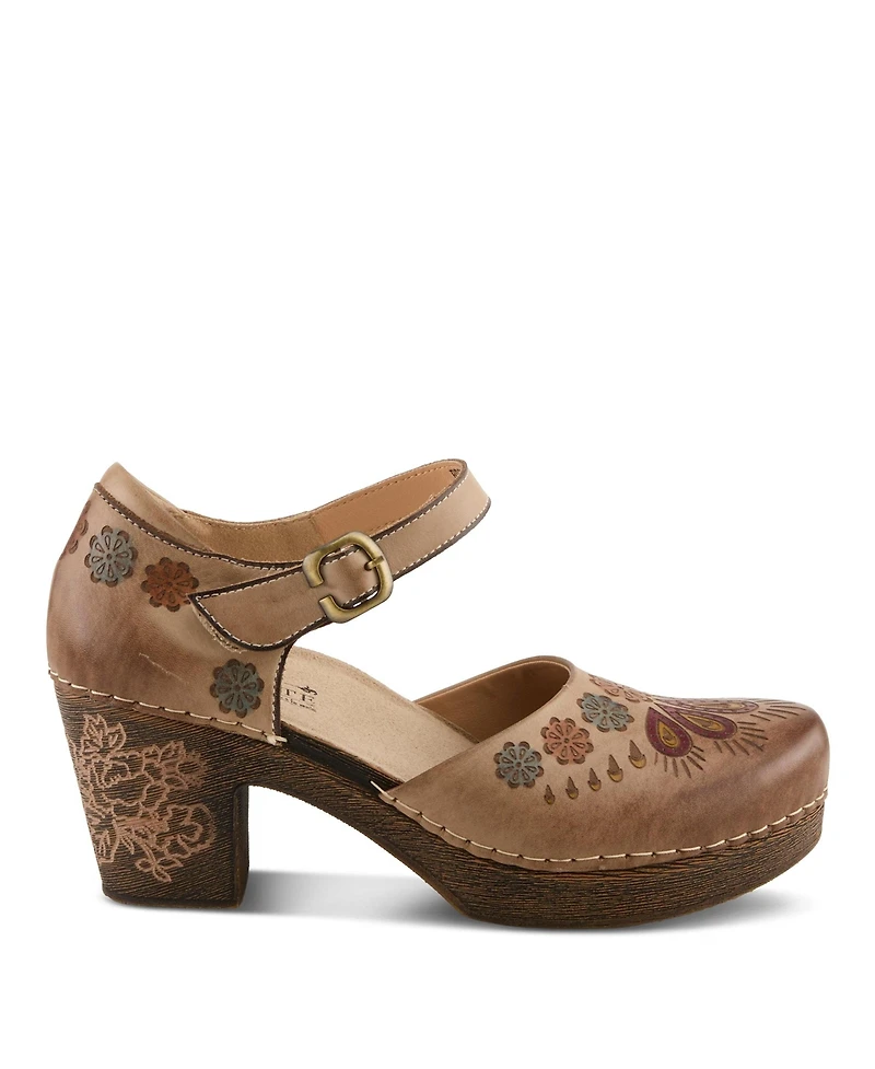 L'Artiste Women's Bridgitte Hand-Painted Mary Jane – Leather Floral Strap Heel With Arch Support