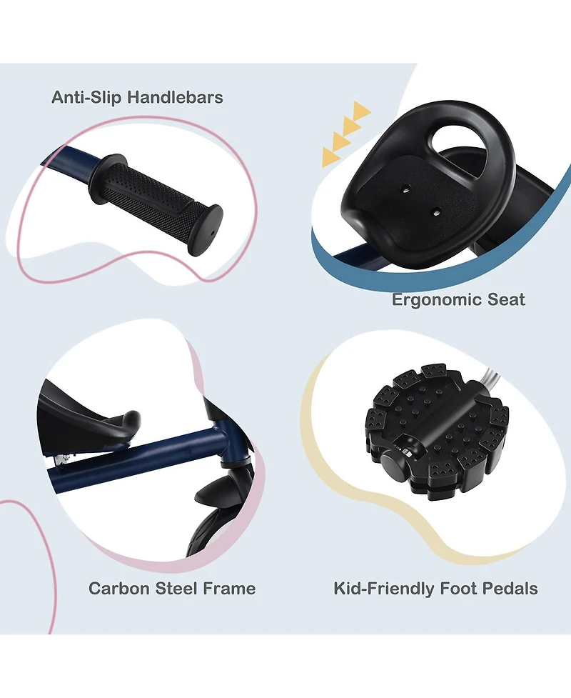 Sugift Toddler Tricycle with Adjustable Seat and Storage Baskets for 1.5-5 Years Old-Navy