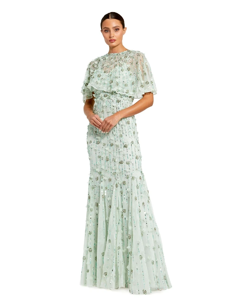 Mac Duggal Women's Embellished Illusion Cape Sleeve Trumpet Gown