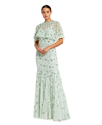 Mac Duggal Women's Embellished Illusion Cape Sleeve Trumpet Gown
